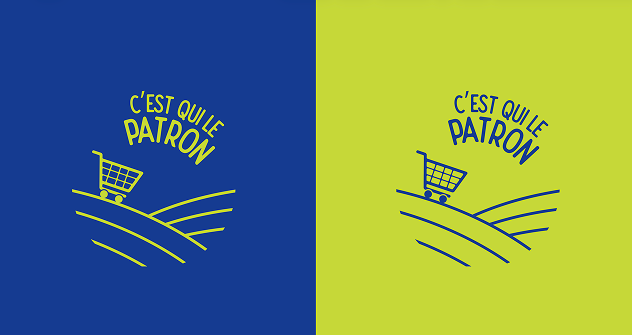 Logo en forme de chariot de supermarché sur des lignes illustratives représentant un champs
