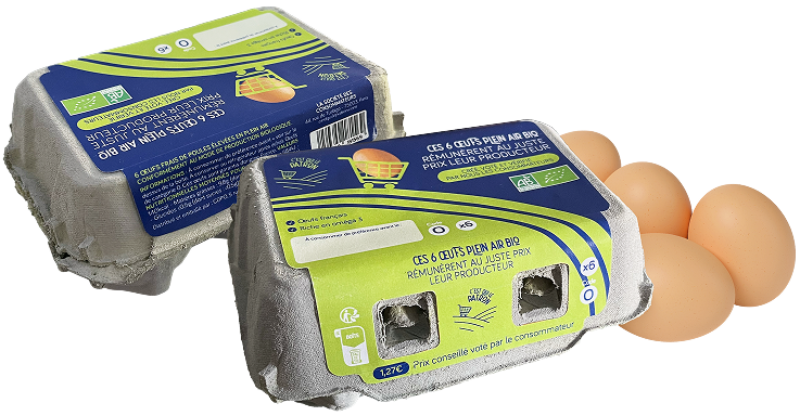 Boîte de 6 oeufs bios avec étiquette verte et bleue