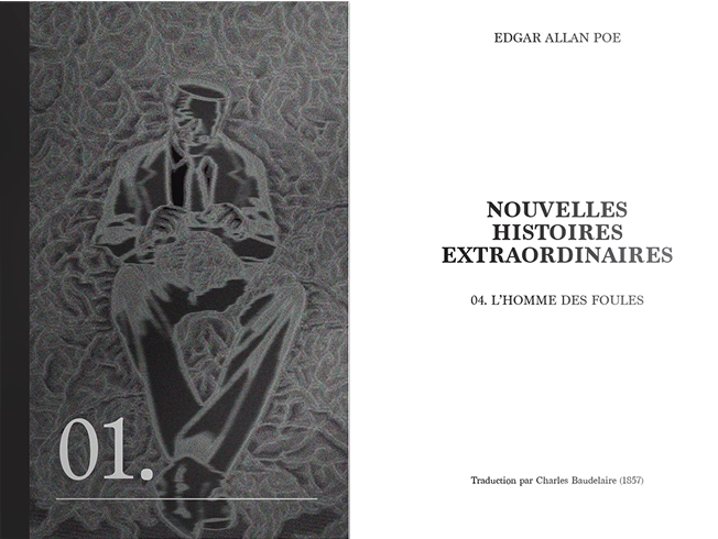 Mockup de l'édition personnelle en 3 partie&nbsp;: 1 image de la couverture d'un livre avec un visuel d'homme flou en noir et blanc, 2 images de la mise en page des livres