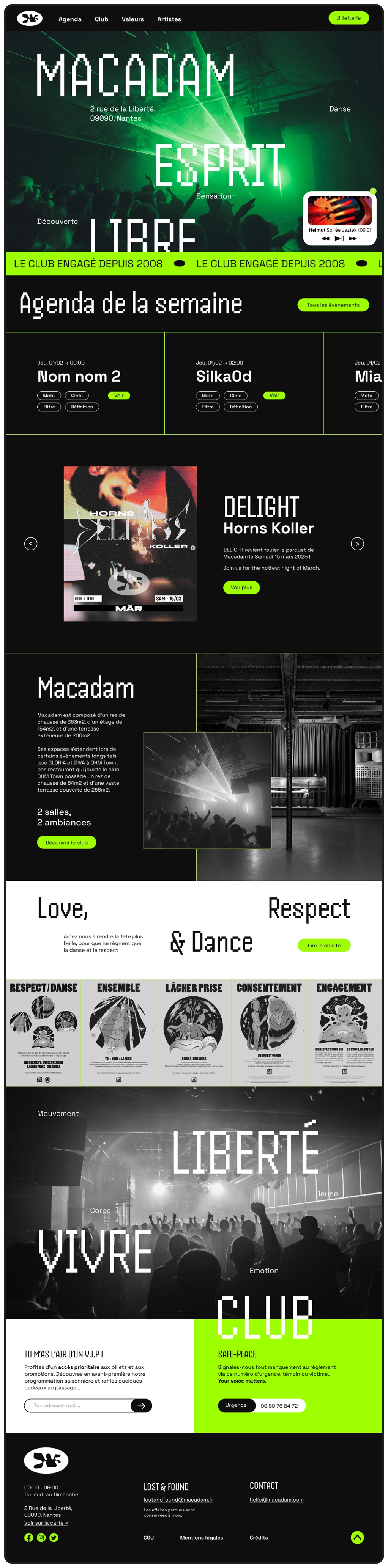 Mockup de la page d'accueil, site internet avec fond noir, typographies blanches et accent de vert fluo