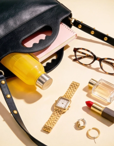 Un sac en synderme LUA N°1 et son contenu éparpillé sur une table&nbsp;: gourde, carnet, lunette, montre, maquillage...