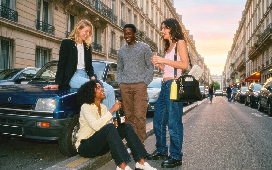 4 amis discutent avec des verres de champagnes autour d'une voiture en ville.
